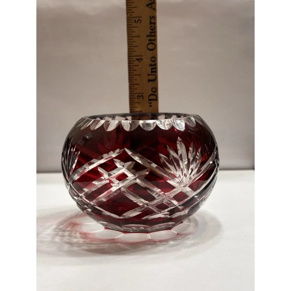 Vintage Bohemian Czech Cut To Clear Crystal Rose Bowl Votive Candle Holder Set